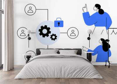 Two people pointing and user icons connected to gears and a lock. Ideal for teamwork collaboration data security IT management project planning and user interaction Wall mural