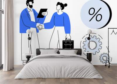 Two professionals shaking hands, one holding a briefcase and the other paperwork. Percentage symbol and two gears represent financial agreement and collaboration. Ideal for business deals Wall mural