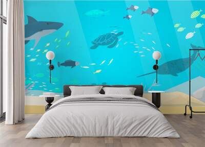 Underwater landscape with sea creatures. Large predatory marine mammals, killer whale and narwhal in ocean. Fish and marine life swimming in salty sea water. Whales and fishes, aquatic world Wall mural