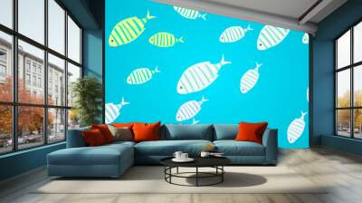 Underwater ocean fauna with exotic fishes. Ocean bottom with marine life reprsentatives. Marine underwater world with school of tropical fish. Seascape, undersea landscape vector illustration Wall mural