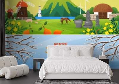 Welcome to Jeju island in South Korea postcard, banner. Tourist place, vacation resort in different seasons. Tropical island with nature and architecture. Landscape of island in summer and winter Wall mural