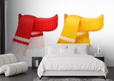 Yellow and red knitted scarf, white woolen threads Wall mural