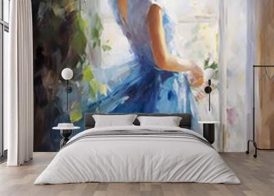 Romance portrait of a white lady in a blue gown with herholding a boquet of flowers. Oil painting illustration style Wall mural