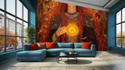 Spirit of Beltane, a woman with fire in her heart representing May Eve. Generative AI Wall mural