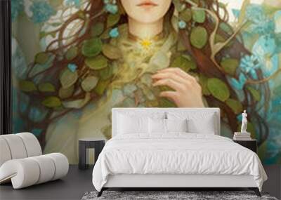 Spirit of Ostara, a woman surrounded with spring flowers and eggs representing Spring Equinox. Generative AI Wall mural