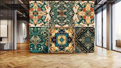 Teal and Gold Arts and Crafts movement style square tile pattern collection Generative AI Wall mural