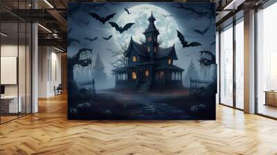 Halloween spooky night with a haunted house and bats, halloween background  Wall mural