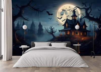 Halloween spooky night with a haunted house and bats, halloween background Wall mural