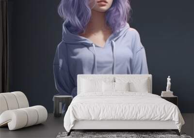 a girl with lavender hair, wearing lavender hoodie and dark blue shorts Wall mural