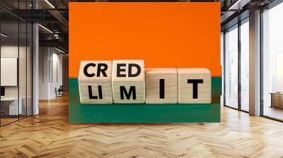 Credit limit Icon. Wooden cubes and changes the word 'limit' to 'credit'. Beautiful Orange green background, copy space. Business concept and credit limit symbol. Wall mural