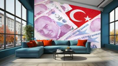 Turkish money, 200 lira banknotes and Turkey flag, financial concept Wall mural