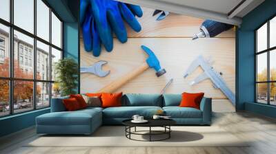 Workshop tools on a wooden board Wall mural