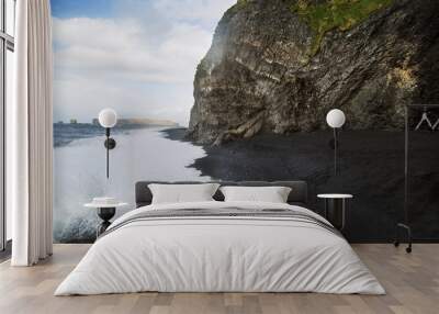 beach with black sand and hanging rock in Iceland Wall mural