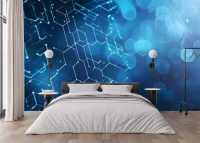 Blue technology background with white digital circuit lines and hexagons, futuristic abstract vector banner for tech products or online services, data transfer concept, AI, machine learning Wall mural