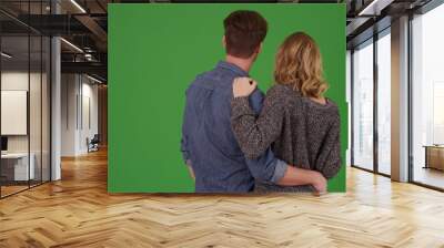 Rear view of sweet loving white couple holding each other on green screen Wall mural