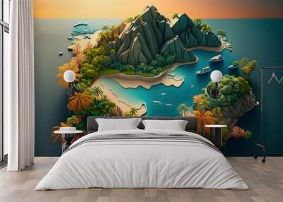 A paper cut out of a tropical island with a mountain in the background made with generative AI Wall mural