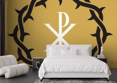 Crown or wreath of thorns with Christ symbol.
Vector illustration of interlocking entwined circle of thorn branches with symbol for Jesus Christ in the center. Wall mural