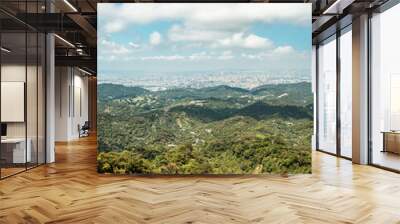 View of city from the beautiful mountain. Blue sky and green meadow in sunset time. Wall mural