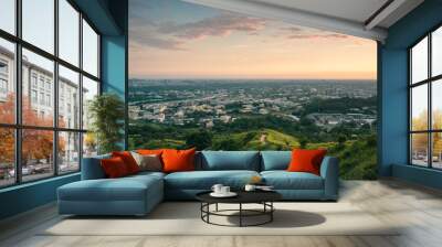 View of city from the beautiful mountain. Blue sky and green meadow. Wall mural