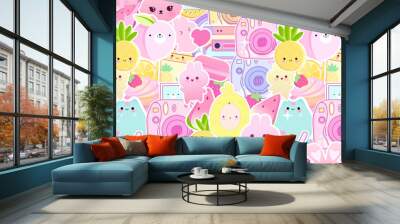 Sticker style wallpaper, inspiration cute inspiration kawaii print, seamless pattern vector tee Wall mural