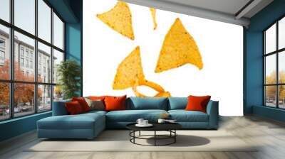 Flying potato chips and tomato isolated on white Wall mural