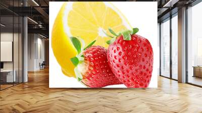 Half of lemon and two strawberries isolated on white background Wall mural