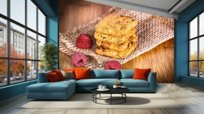 Oatmeal cookies with raspbarry and milk in a glass, healthy snac Wall mural