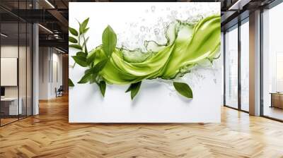 Splash of seaweed. Concept of cosmetic with seaweed ingredient. Organic cosmetic with natural extracts marin algae. Green cosmetics, sustainable Wall mural