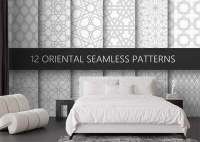 Set of 12 vector ornamental seamless patterns. Collection of geometric patterns in the oriental style. Patterns added to the swatch panel. Wall mural