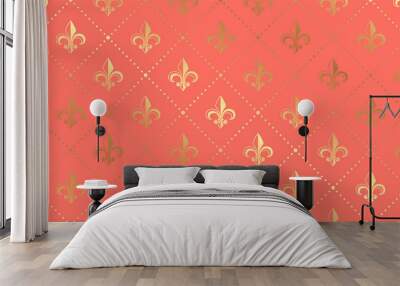 Vector seamless coral pattern with golden lilies. Luxury wallpaper background with Fleur de Lis. Wall mural