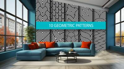 Vector set of ten geometric linear patterns. Collection of seamless monochrome swatches for your design. Wall mural