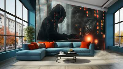 Bitcoin hacker working on laptop Wall mural