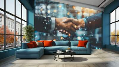 Business professionals shaking hands with a backdrop of digital icons Wall mural