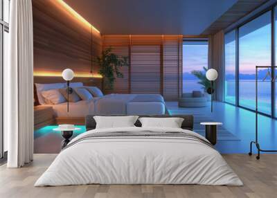 interior of a seaside cabin suite at dusk, view on ocean light bed, luxury concept Wall mural