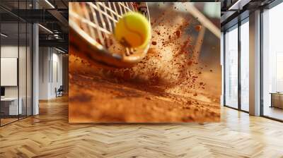 On a clay tennis court, a close-up of a racket hitting the ball Wall mural