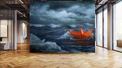 Paper boat in the stormy sea Wall mural