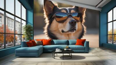 A canine donning shades and gazing directly at the camera , detailed Wall mural