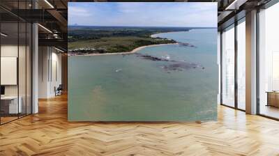 Amazing paradisiacal and deserted beach with clear blue waters and visible corals at low tide - Cumuruxatiba, Bahia, Brazil - aerial drone view Wall mural