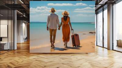 couple heading to their hotel with their suitcases for money, in the background of Bacalar Lagoon in Mexico Wall mural