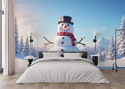 Cute snowman with copy space tint illustration , detailed Wall mural