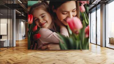 happy mother's day! Adorable sweet young mother with cute little daugh Wall mural