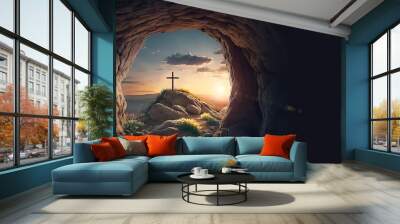 Inside view of Jesus Christ's empty tomb at sunrise, with a wooden cross on top of a hill in the background. Wall mural