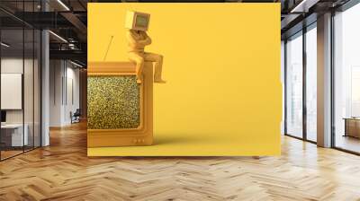 Man with an old television instead of a head sitting on top of a television. Control and manipulation of mass media. Television audience. 3D illustration. Copy space. Wall mural