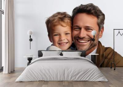 Portrait of a smiling father and his son on a white background. Ai generated. Wall mural