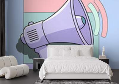 Whimsical Pastel Megaphone Promoting New Product on Soft Blue Background with Playful Clouds and Bold Typography, Ideal for Creative, Youthful Marketing and Advertising Campaigns Wall mural