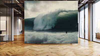 you surfed in a half pipe taking the wave at sunset, while the wave breaks the beach in the background Wall mural