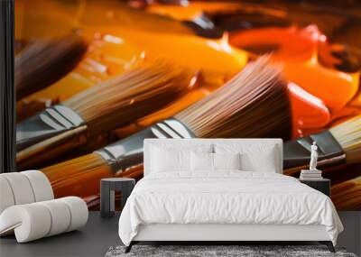 set of brushes, brushes with orange paint, brush orange color, wall art design brush orange Wall mural