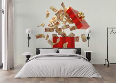 3D rendering of A lot of 20000 venezuela Bolivares notes coming out of an opened red gift box Wall mural