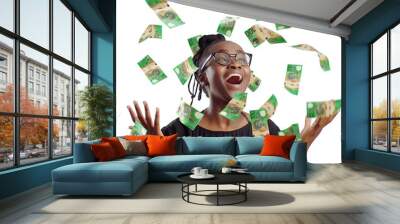 3D rendering of Australian dollar notes flying around an excited black lady in different angles and orientations isolated on transparent background.

 Wall mural