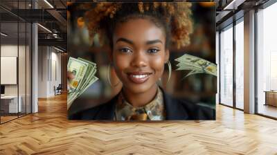 Beautiful Young black business woman similing holding showing 100 US dollar notes to the camera against office background, African lady happy joyous raising hands money cash American dollars currency Wall mural